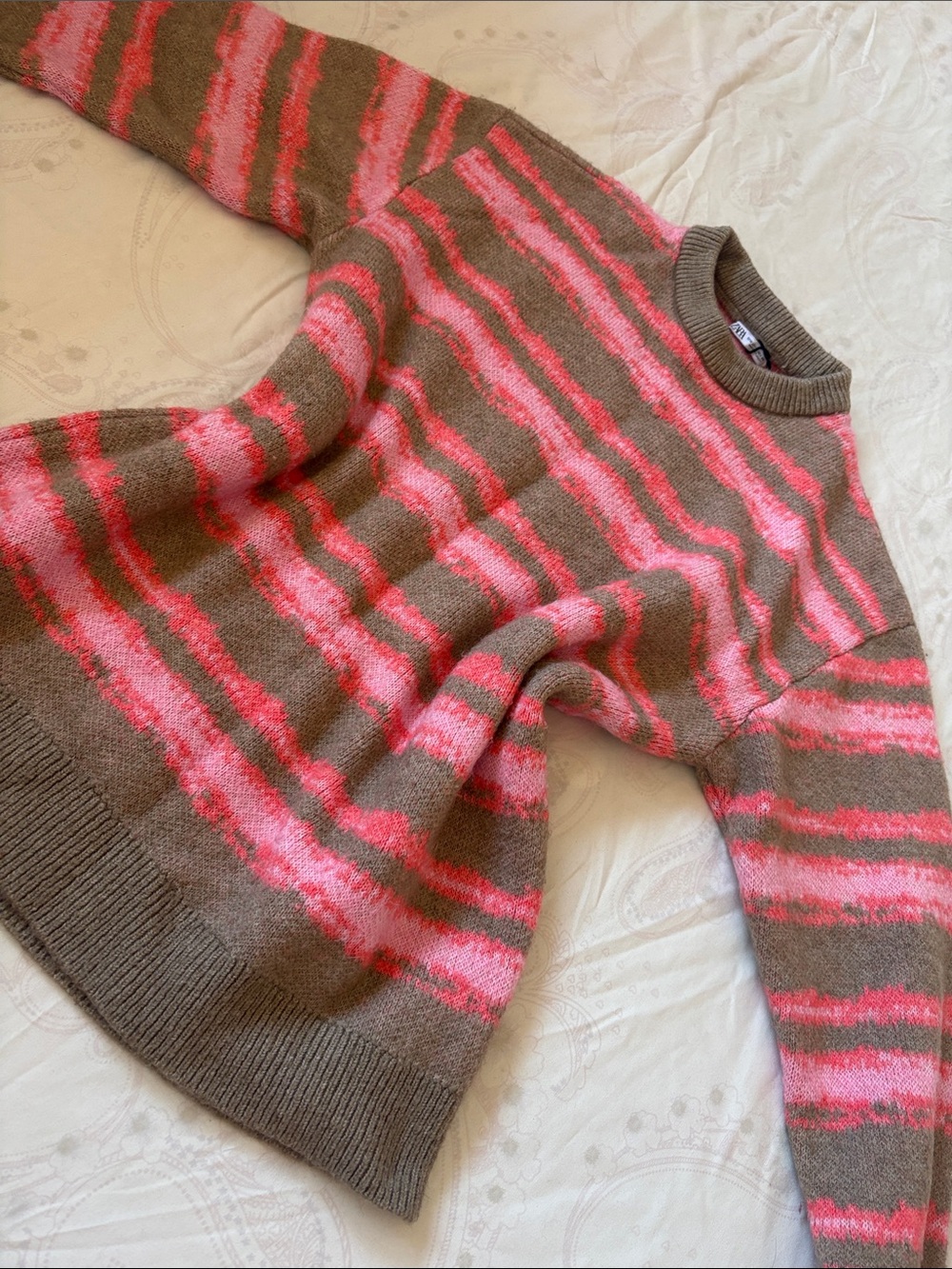 Zara Brown and Pink Crewneck Striped Sweater